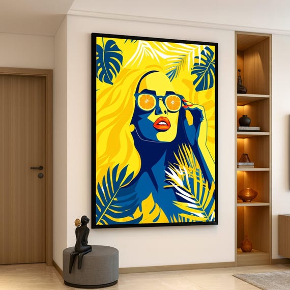 Vibrant Summer Portrait Pop Art Woman Canvas Tropical Leaves Wall Citrus Sunglasses Decor Modern Colorful For Home