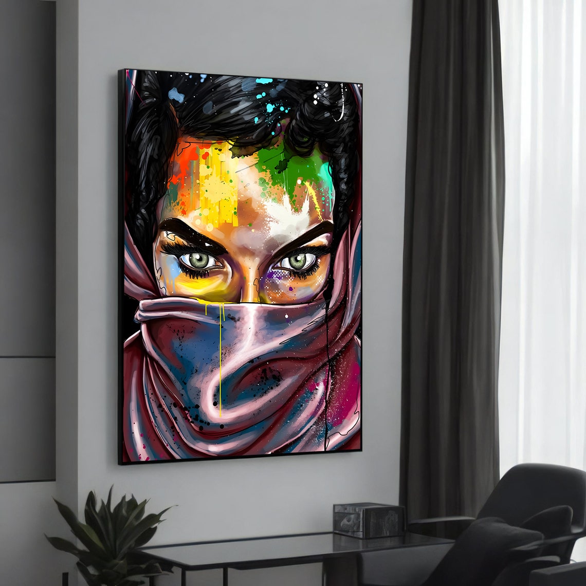 Veiled Woman Intense Eyes Colorful Scarf Pop Art Portrait Poster