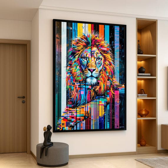 Vibrant Abstract Lion Canvas Wall Art Colorful Geometric Animal Portrait Modern Wildlife Decoration Ready To Hang Living Room
