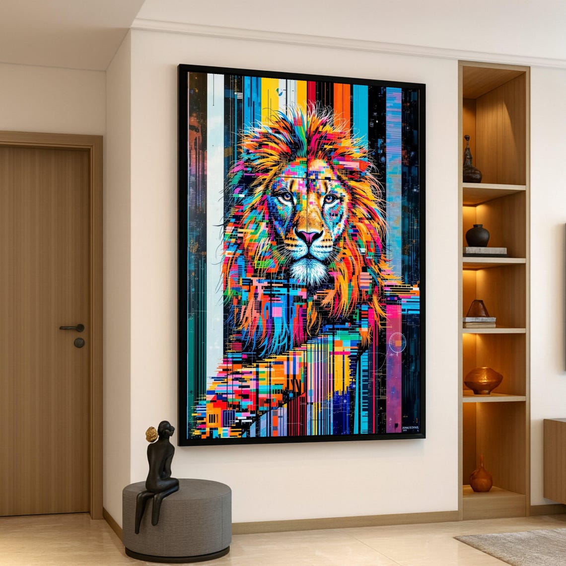 Lion Head Glitch Pixel Rainbow Digital Style Modern Art Poster