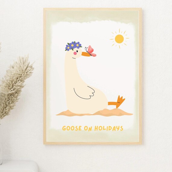 Goose On Holidays Cute Beach Goose Summer Nursery Art Poster