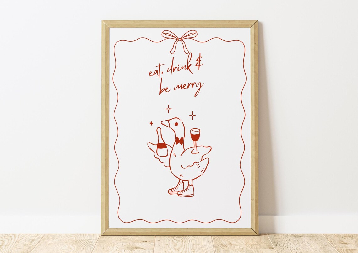 Eat Drink And Be Merry Goose Holiday Quote Red Line Art Poster