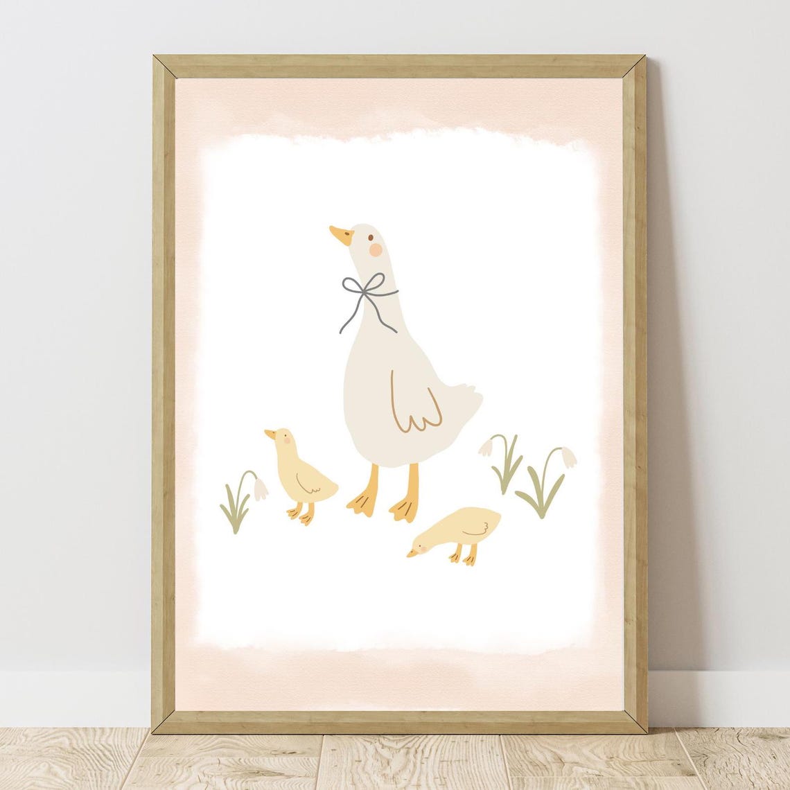 Sweet Mama Goose Goslings Bow Blush Watercolor Nursery Poster