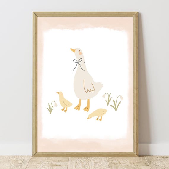 Mama Goose Print Watercolor Wall Art Nursery Decoration And Goslings Pastel Vintage Farmhouse