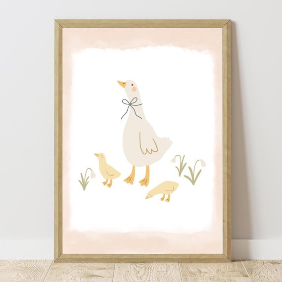 Sweet Mama Goose Goslings Bow Blush Watercolor Nursery Poster