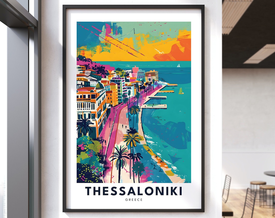 Thessaloniki Greece Waterfront Travel Poster Harbor Palm Trees Sunset Glow