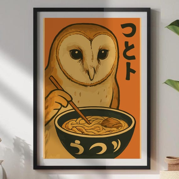 Owl Eating Ramen Poster Whimsical Wall Art Japanese Food Illustration Cozy Lover Print Cute Animal Kitchen Decor