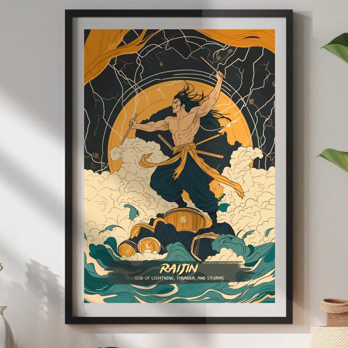 Raijin Japanese God of Thunder Drum Beats Anime Storm Art Poster
