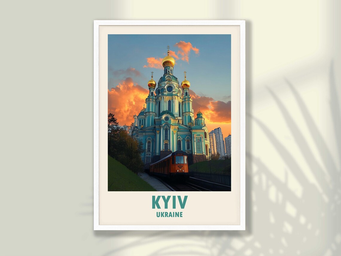 Kyiv Ukraine Golden Domed Cathedral Sunset Glow Funicular Poster