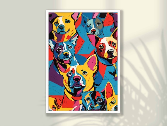 Pop Art Colorful Dog Faces Geometric Collage Dog Lover Poster