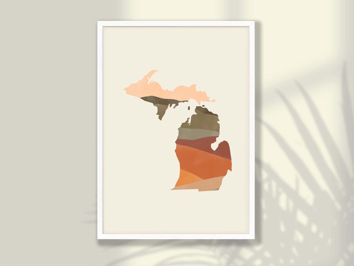 Michigan State Silhouette Boho Watercolor Landscape Map Poster