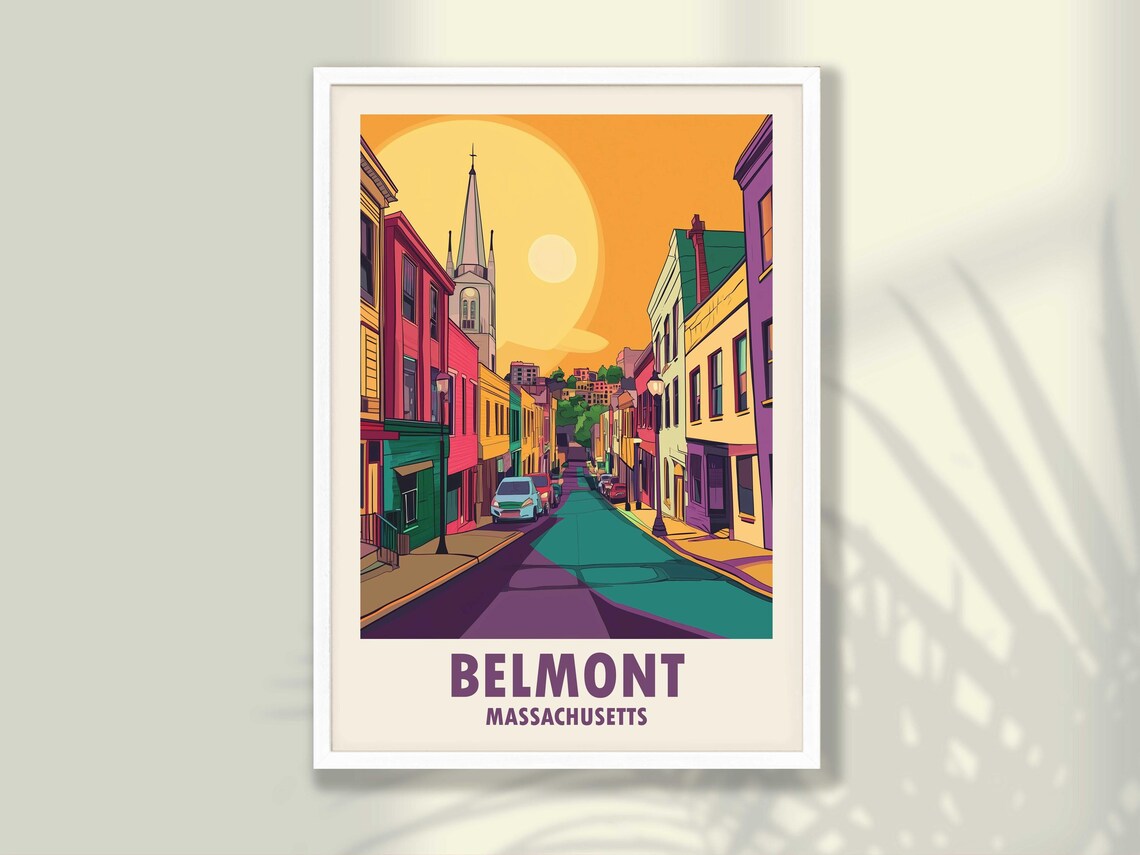 Belmont Massachusetts Sunset Street Church Steeple Travel Poster