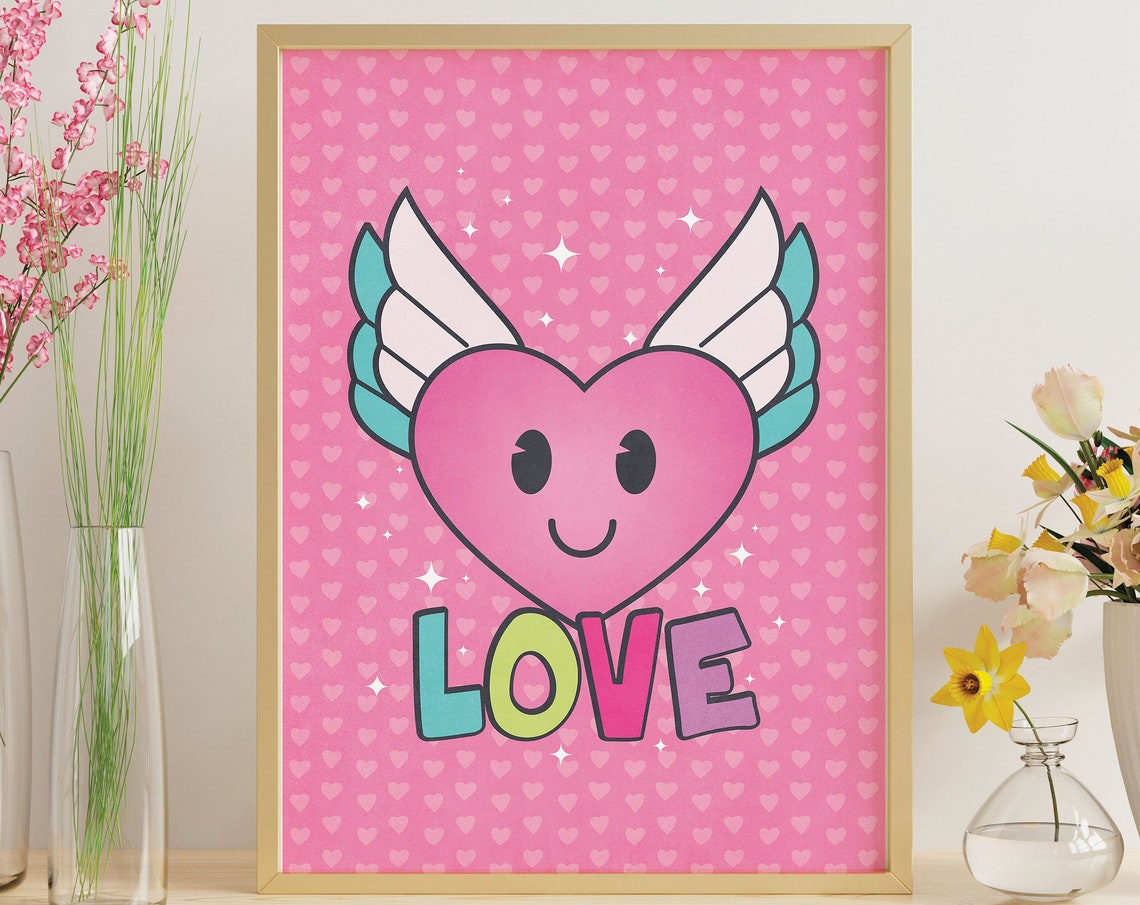 Cute Smiling Winged Heart Love Cartoon Pink Nursery Wall Art Decor - Image 3