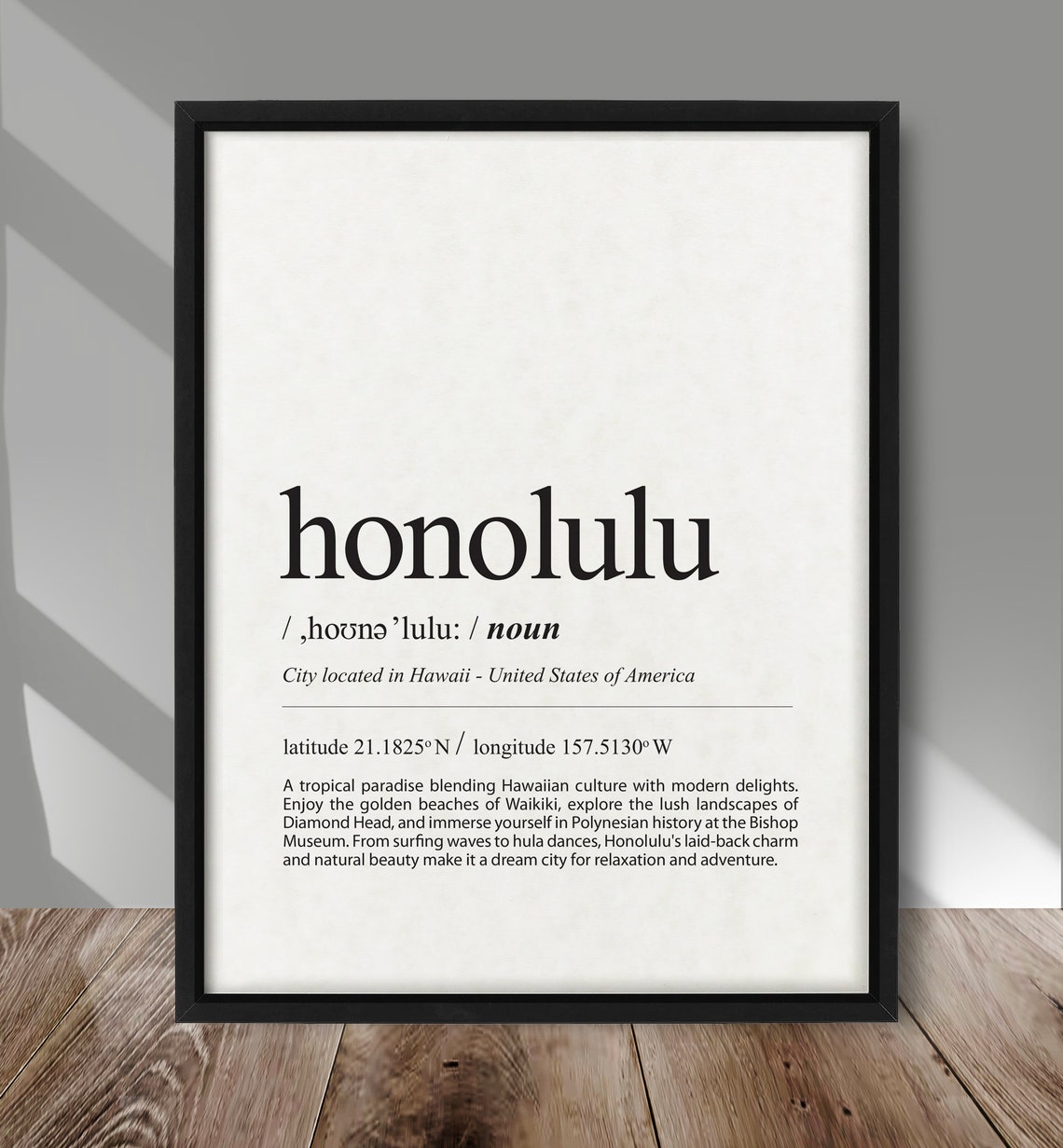 Honolulu Definition Dictionary Typography Hawaii Travel Decor Poster