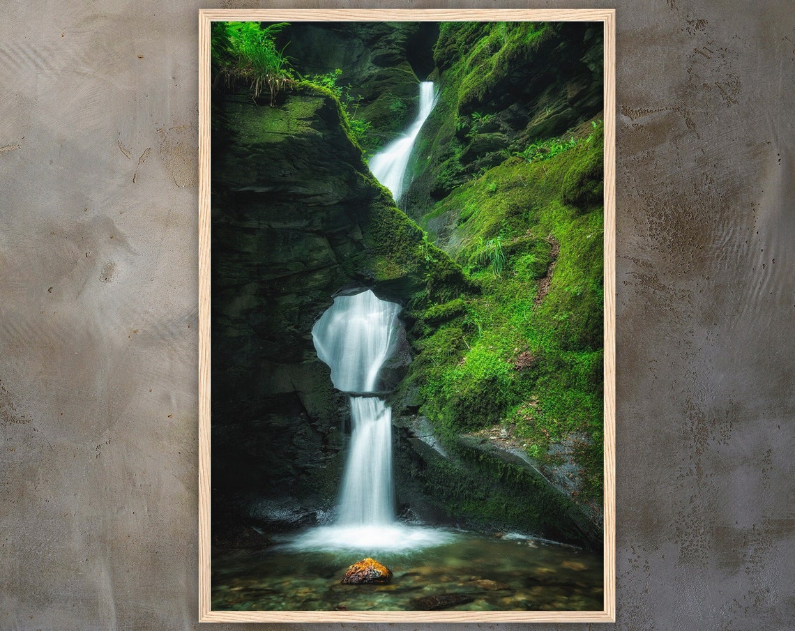 Mossy Canyon Waterfall Cascading Through Emerald Green Gorge Poster