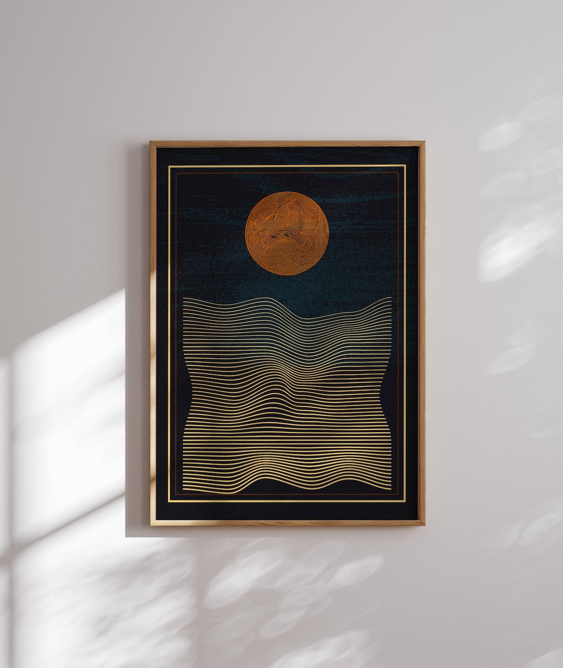 Abstract Landscape Print, Minimalist Moon and Waves