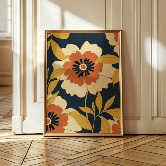 Retro Floral Wall Art, 70s Style Botanical Poster