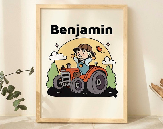 Custom Boys On Tractor Print Personalized Boy Name Print Little Boys Room Decor Nursery Wall Prints Cute Adorable Kids Prints Unframed