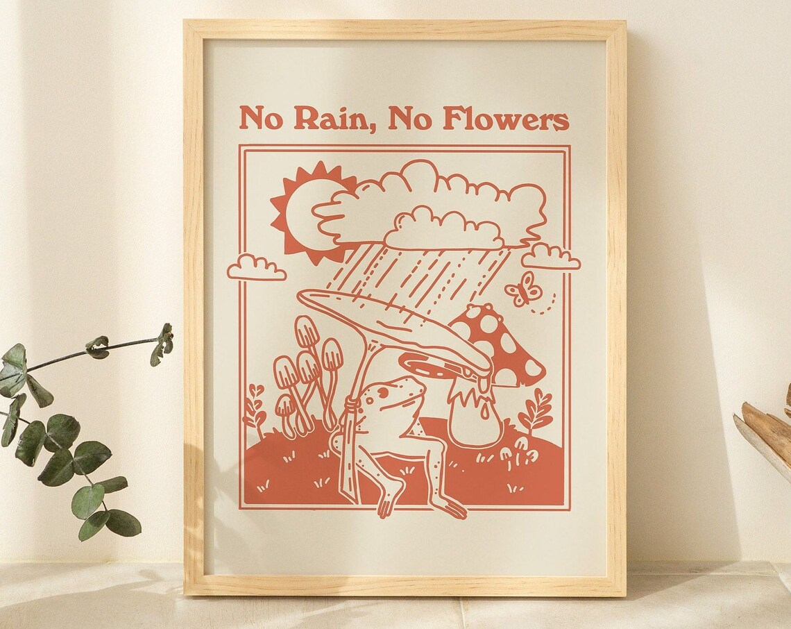 Retro Frog and Mushroom Illustration Wall Print