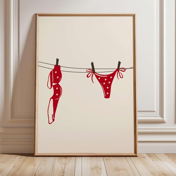 Red Floral Bikini On Clothesline Coastal Summer Beach Wall Art