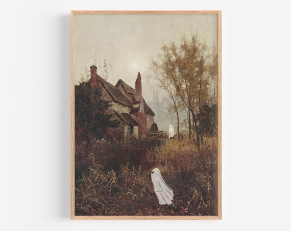 Ghosts In Painting Print Vintage Landscape Poster Halloween Farmhouse Decor Trendy