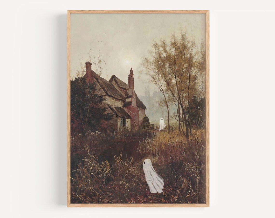 Two Ghosts by the Autumn Mill Pond Vintage Halloween Landscape Poster