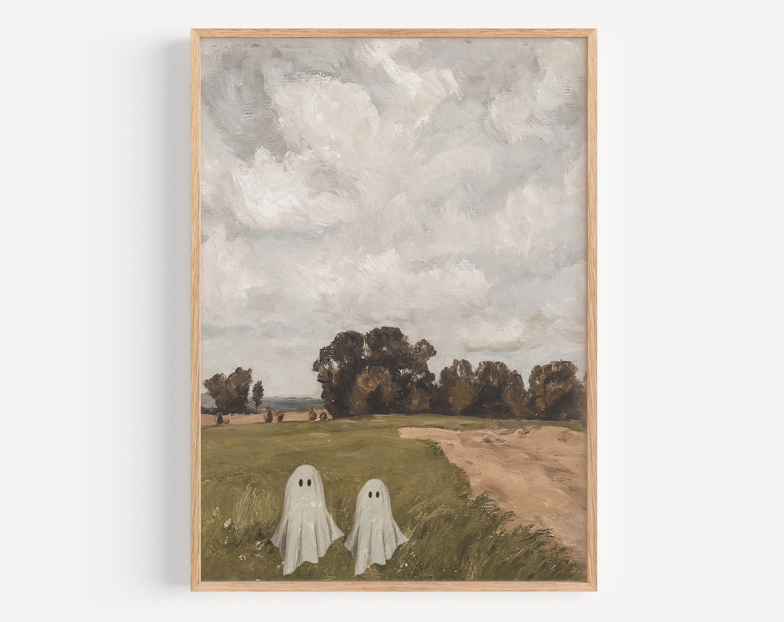 Ghosts In Painting Print Vintage Landscape Poster Halloween Farmhouse Decor Trendy