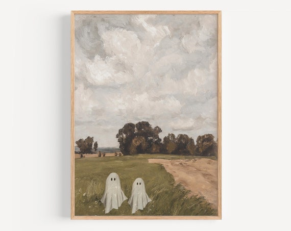 Ghosts In Painting Print Vintage Landscape Poster Halloween Farmhouse Decor Trendy