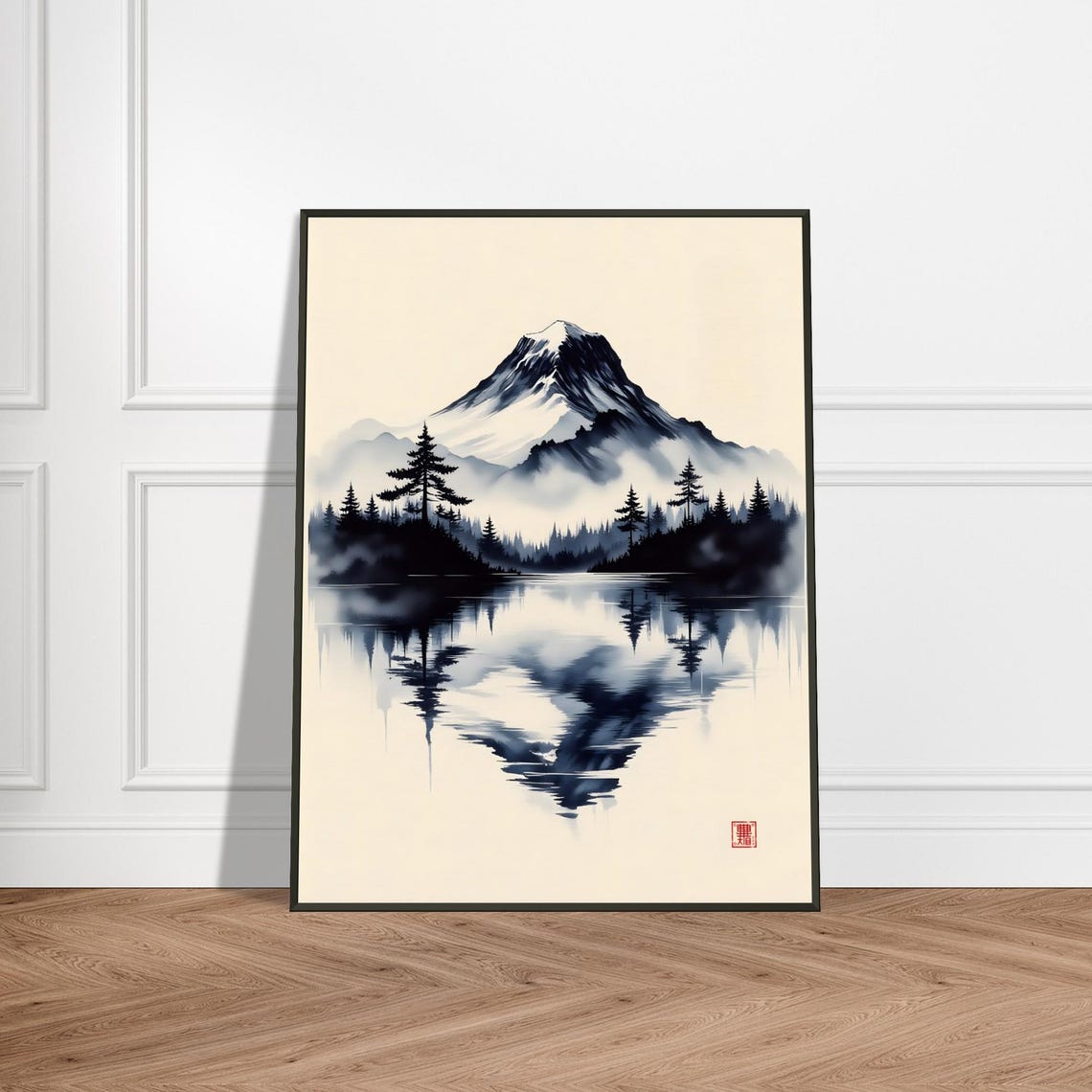 Snow Capped Mountain Lake Reflection Ink Watercolor Landscape Poster