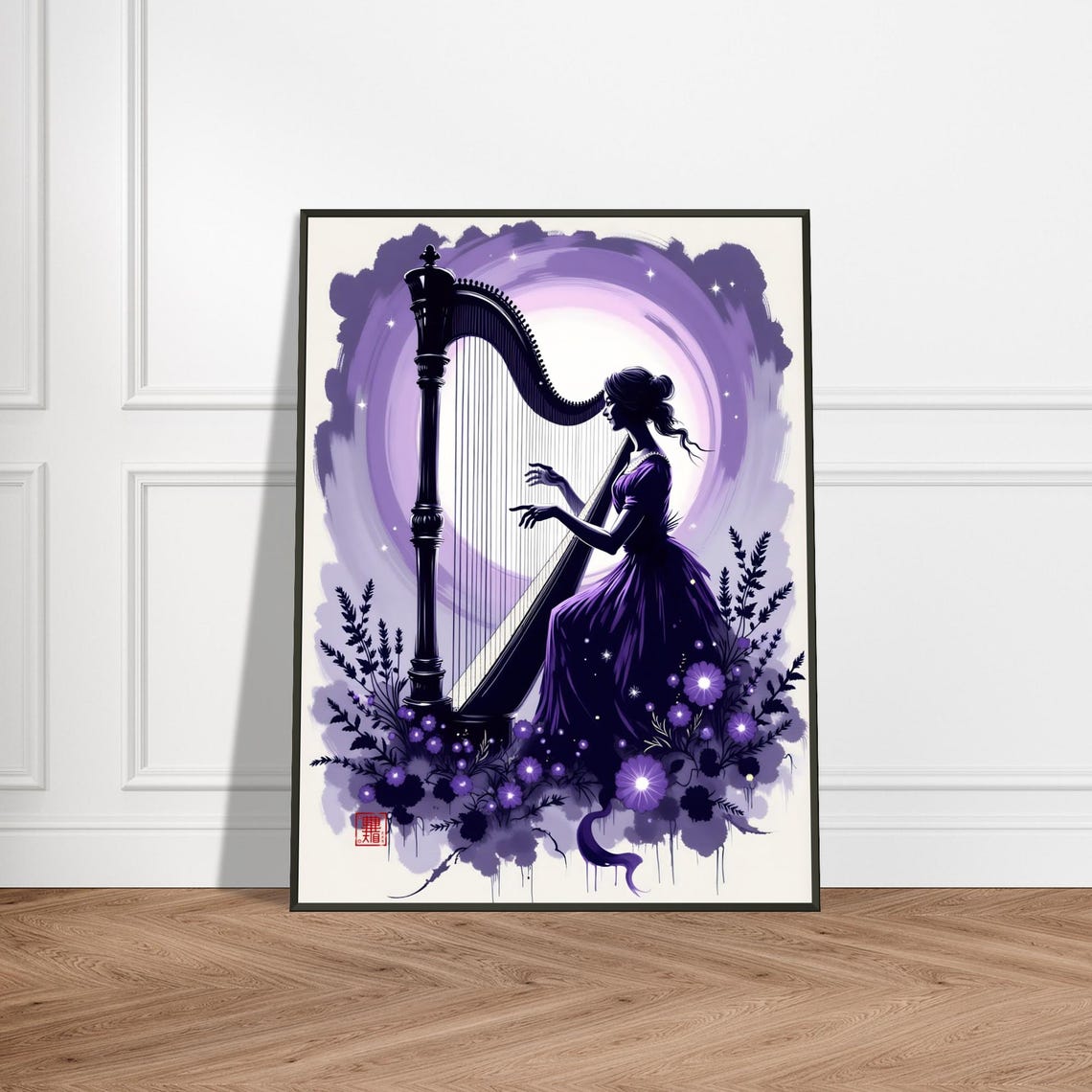 Harp Player in Purple Gown Under Moonlight Watercolor Poster