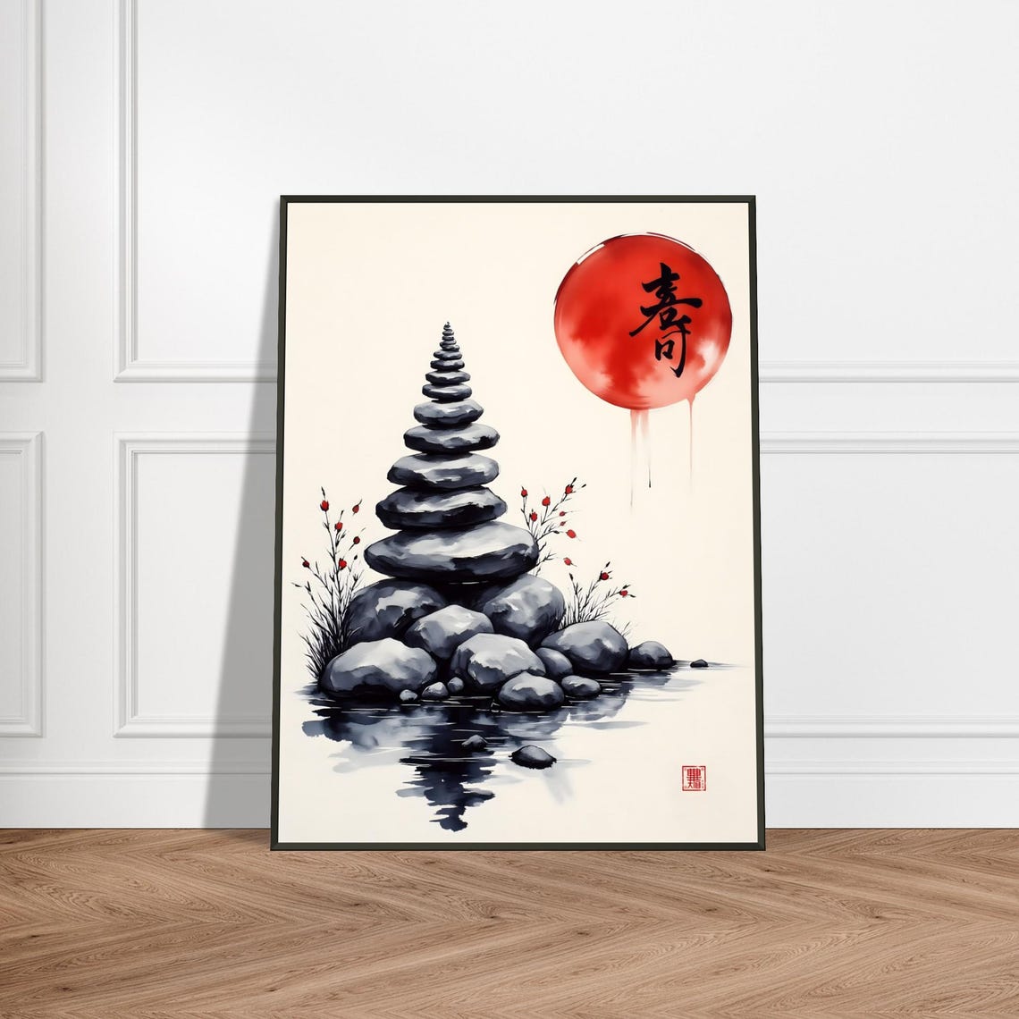 Zen Stacked Stone Cairn Under Red Sun Japanese Ink Art Poster