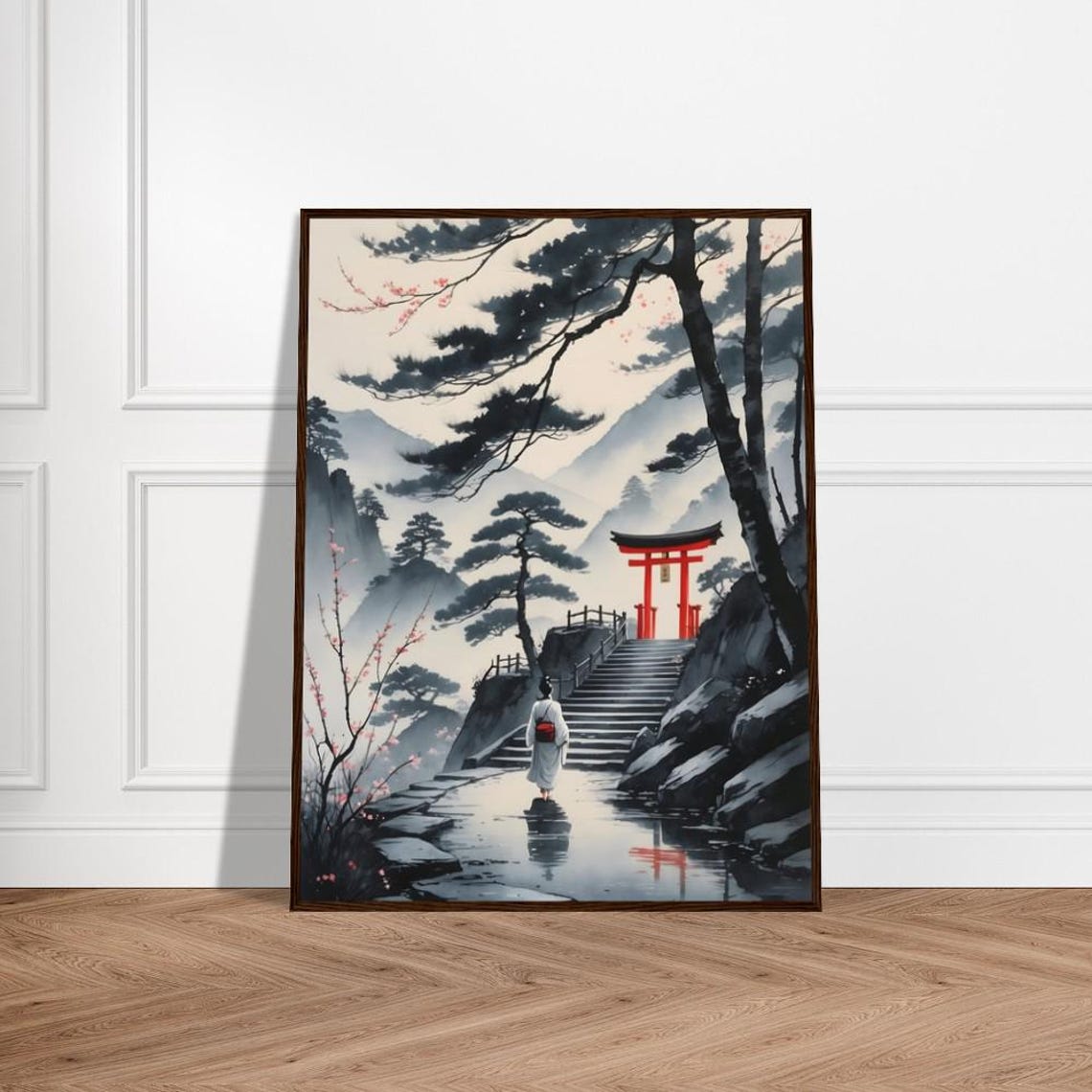 Mountain Shrine Path With Red Torii Gate Cherry Blossoms And Woman In Traditional Kimono Reflecting Serenity