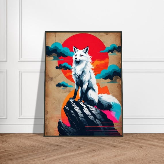Ethereal White Fox At Sunrise Japaneseinspired Metal Framed Art Print Bold Red Sun Mystical Clouds And Rock Cliff Scene