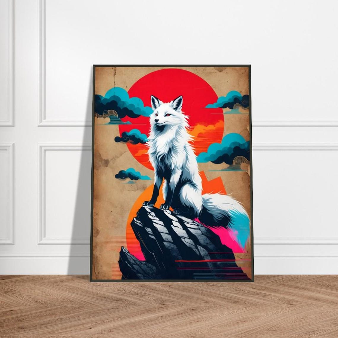 Ethereal White Fox At Sunrise Japaneseinspired Metal Framed Art Print Bold Red Sun Mystical Clouds And Rock Cliff Scene