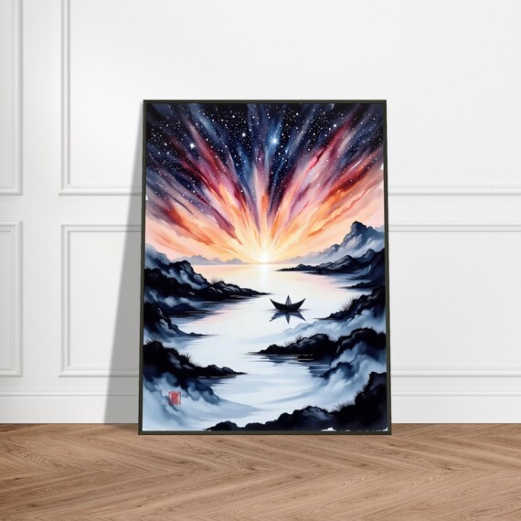 Lone Boat Night Lake Starry Pink Sky Japanese Watercolor Poster