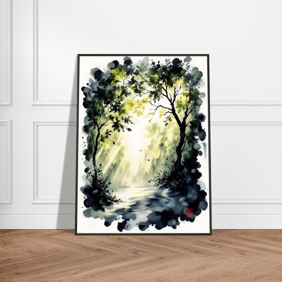 Forest Clearing Light Beams Moody Ink Wash Landscape Art Poster