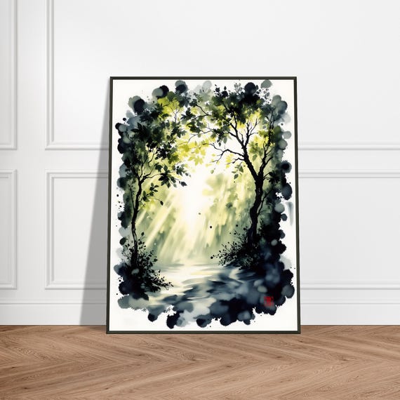 Japanese Forest Watercolor Print Serene Nature Landscape Art Zen Tree Painting Tranquil Sunlight Wall Decor For Calm Spaces