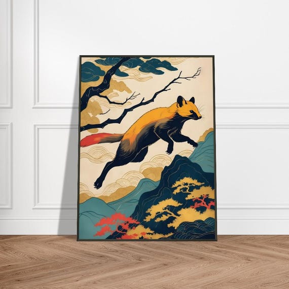 Golden Fox In Japanese Mountain Landscape Ukiyoe Style Wildlife Art Mystical Animal Illustration Natureinspired Wall Decor
