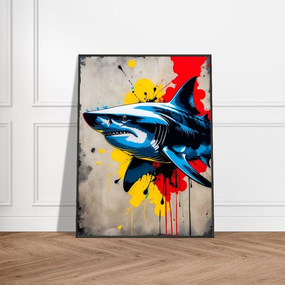 Fierce Art Print Japaneseinspired Ink Splash Design With Bold Blue Red And Yellow Accents Striking Oceanic Wall Decor