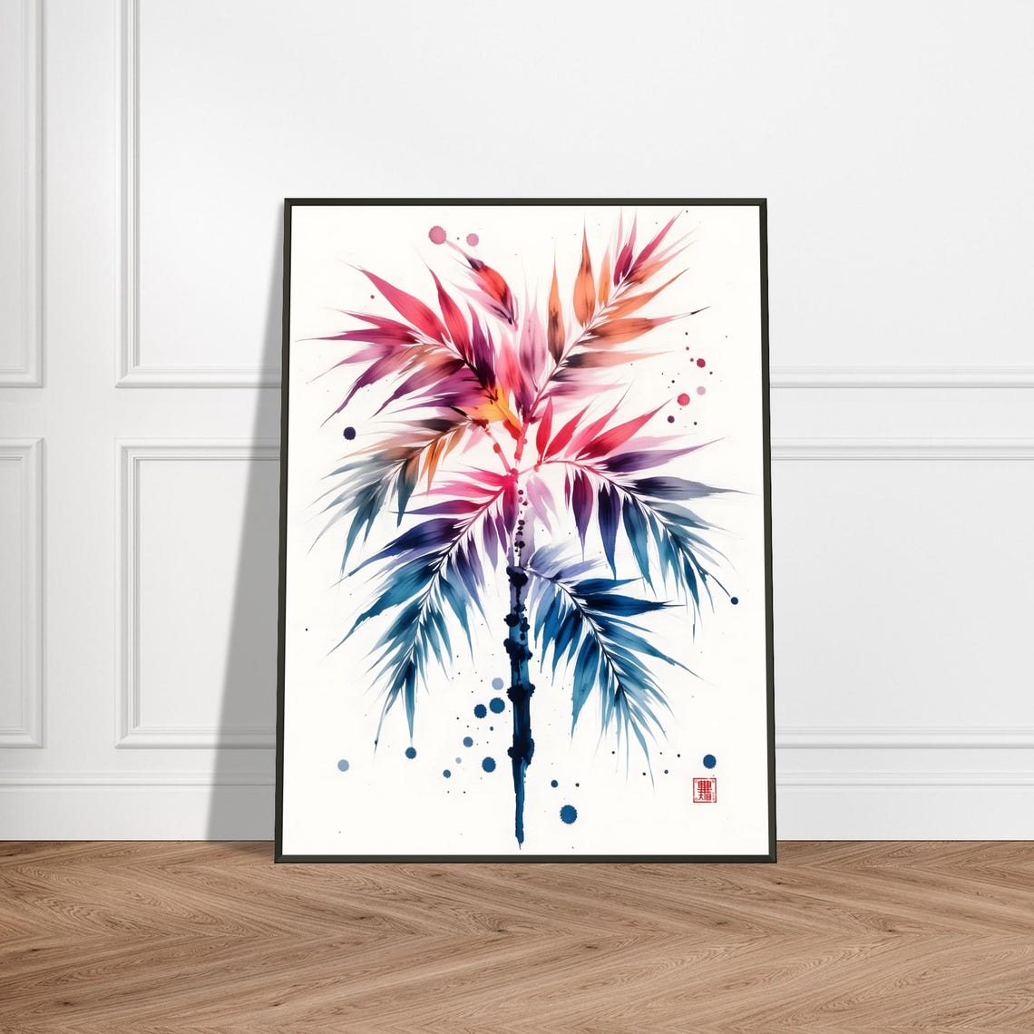 Stylized Palm Tree Pink Blue Orange Watercolor Tropical Poster