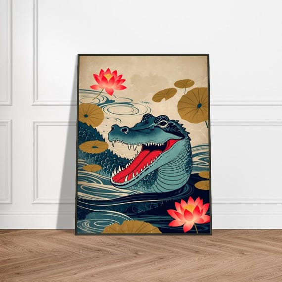 Fierce Crocodile Among Flowers Japaneseinspired Wildlife Art Dynamic Nature Illustration Bold Animal Wall Decor
