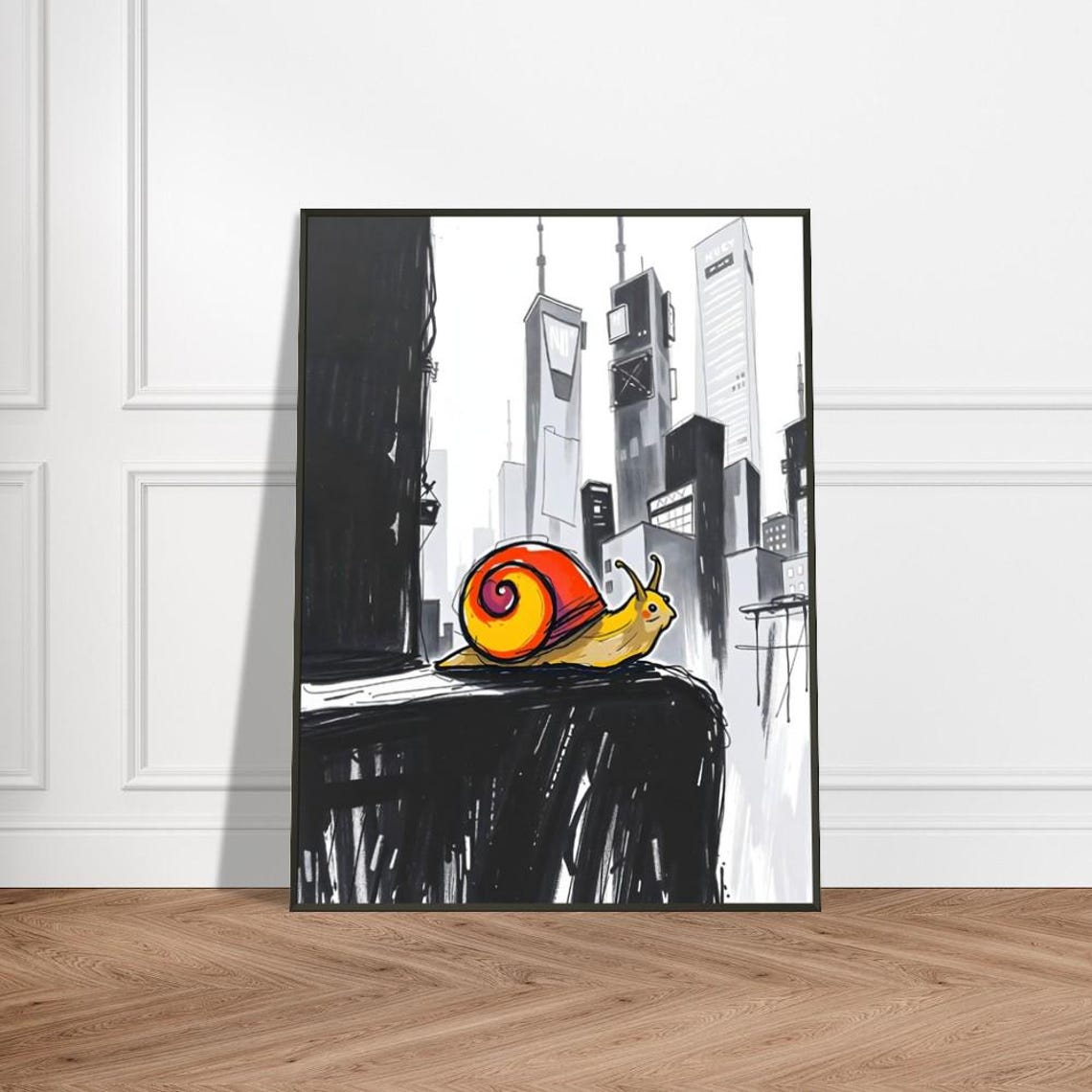 Snail With Red Shell Sitting On Ledge Over Ink Drawn City Poster