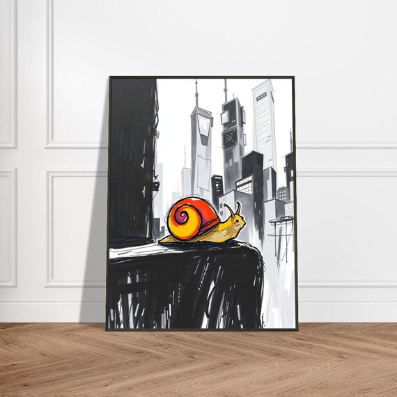 Snail With Red Shell Sitting On Ledge Over Ink Drawn City Poster