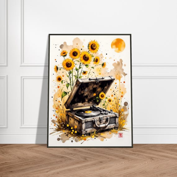 Sunflower Record Player Art Print Japanese Watercolor Music Illustration Vintage Floral Wall Decor Retro Nature Vibe Painting