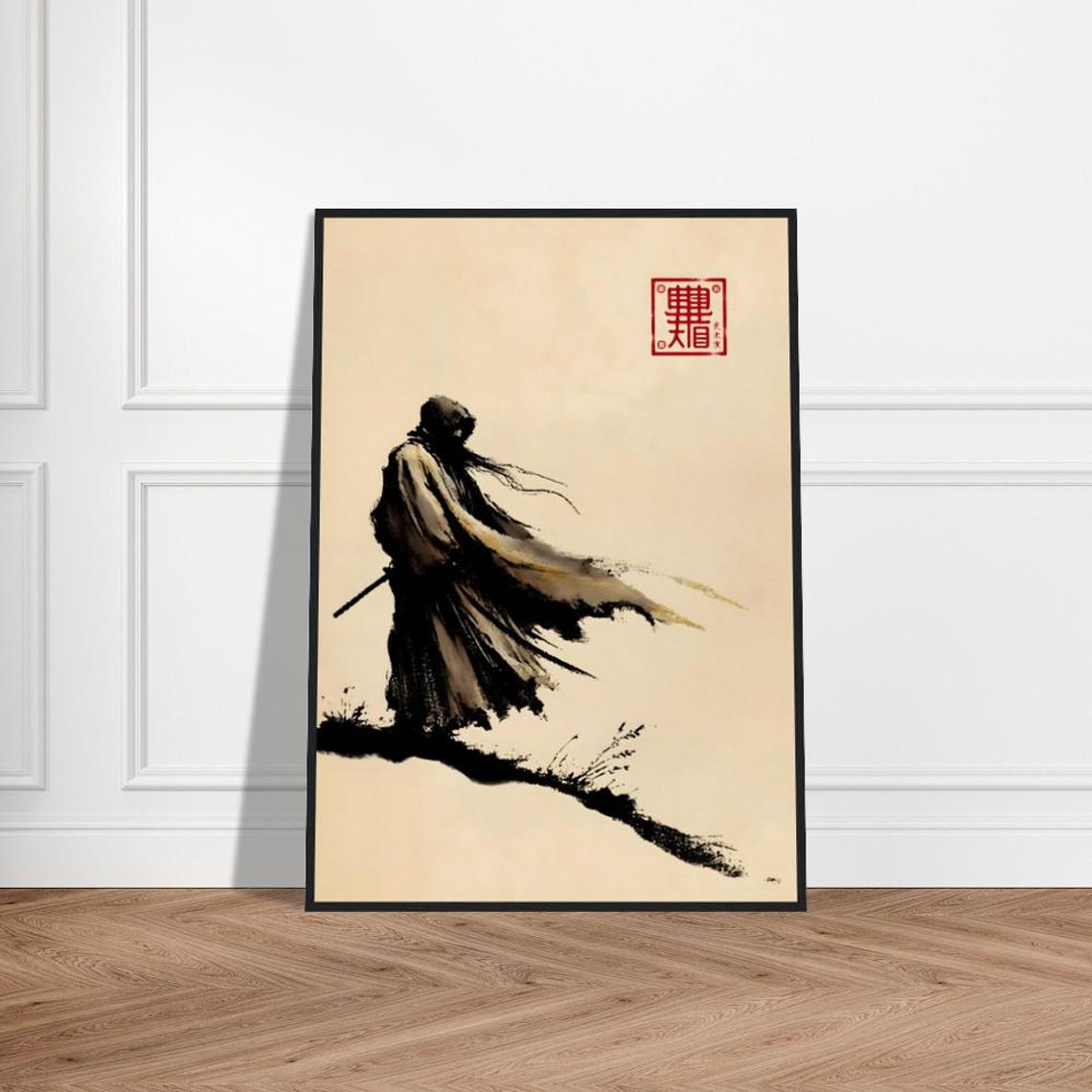 Lone Samurai Silhouette With Sword in Wind Blown Ink Wash Poster