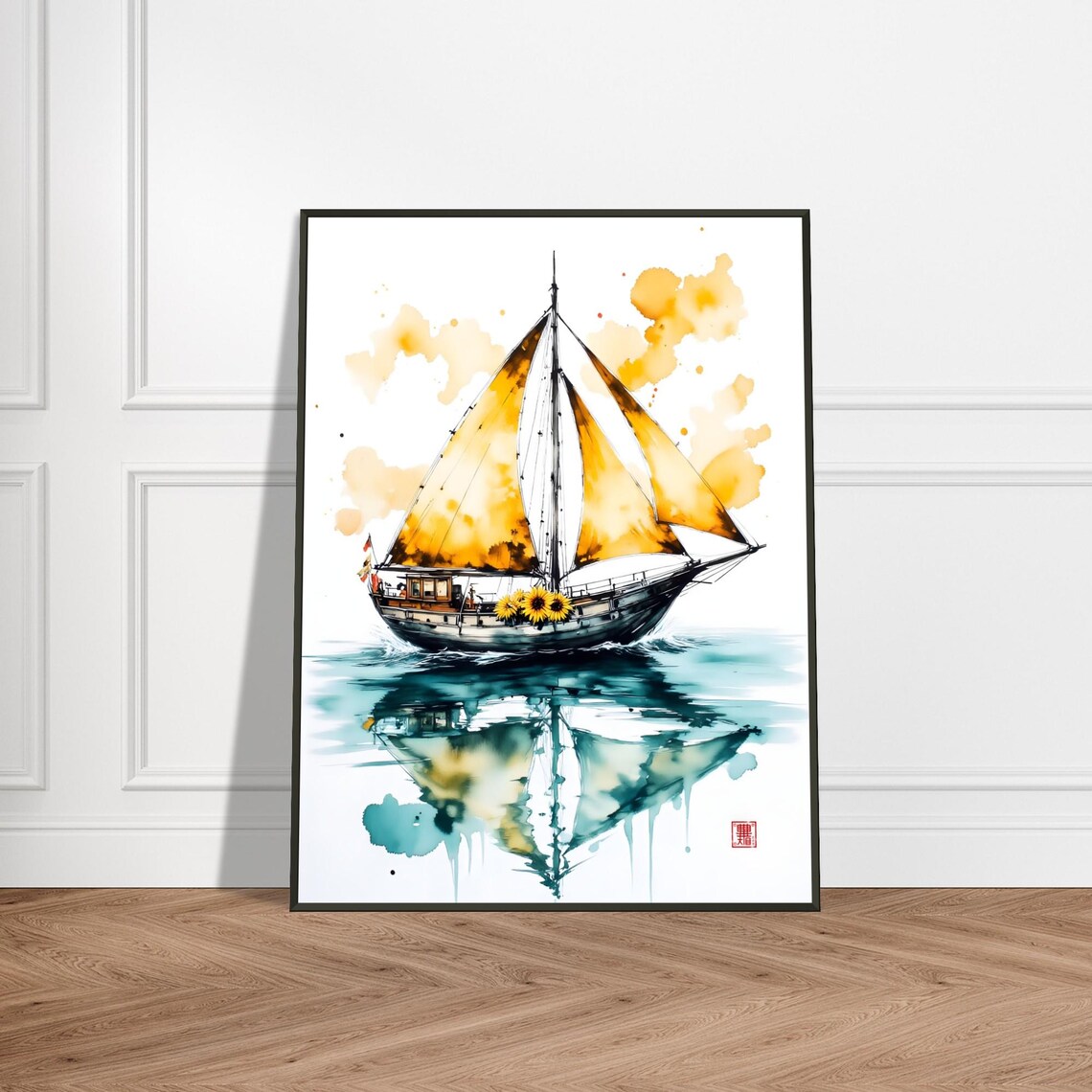 Golden Sail Sailboat With Sunflowers Watercolor Nautical Poster