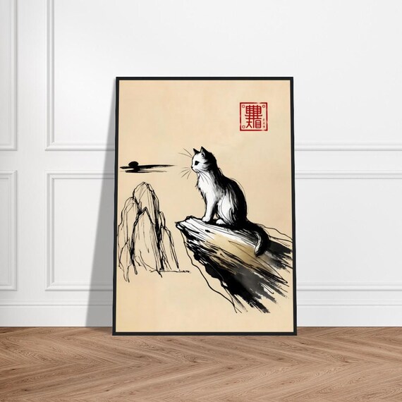 Ink Wash Cat on Cliff Edge Japanese Sumi E Mountain View Poster