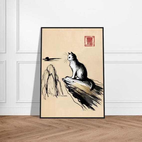 Japanese Cute Cat Art Poster Minimalist Wall Decor Museumquality Matte Paper Framed Zen Print Feline Artwork For Nursery