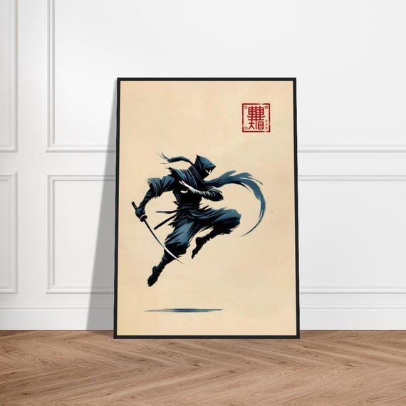 Japanese Ninja Art Poster Minimalist Wall Decor Museumquality Matte Paper Framed Zen Warrior Print