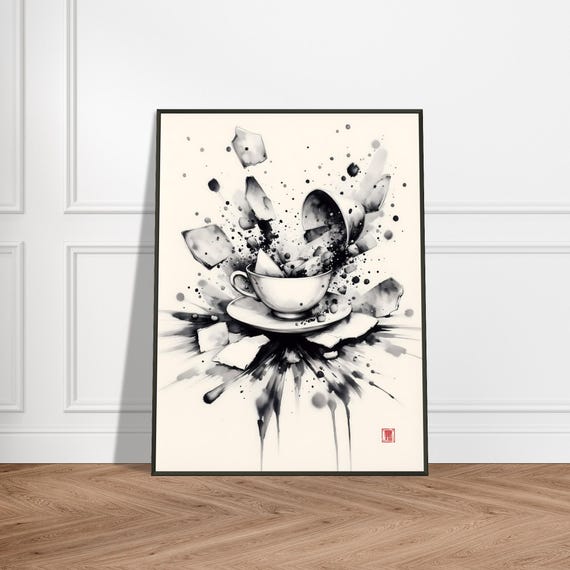 Japanese Broken Teacup Explosion Monochrome Ink Wall Art Print With Metal Frame Abstract Zen Still Life In Brushstroke Style